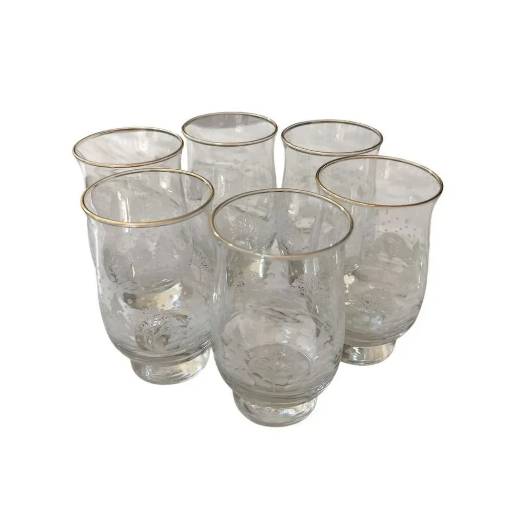 Vintage Set Of 6 Libbey Arby’s Clear Etched Snowy Forest Tumblers Gold Rim
